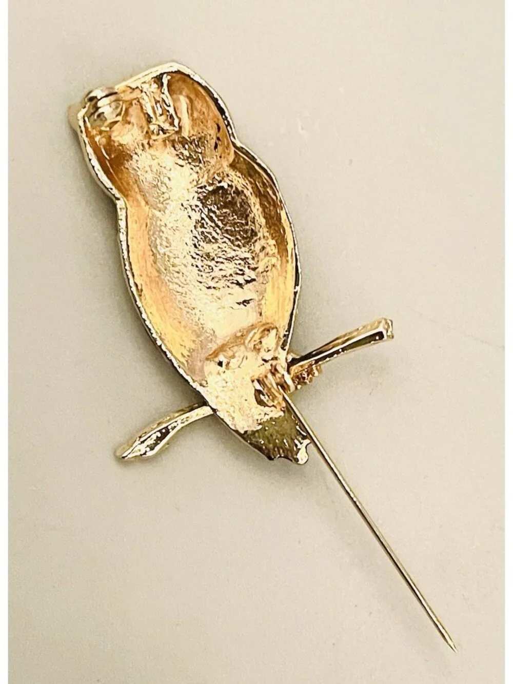 Vintage Owl Brooch Black Enamel Gold Tone Rhinestones Simple Retro